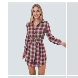 Halara Tie Front Long Sleeve Plaid Mini Dress Size M NWT